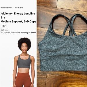 BNWOT LULULEMON - Energy Longline Bra size 6 Heathered Black